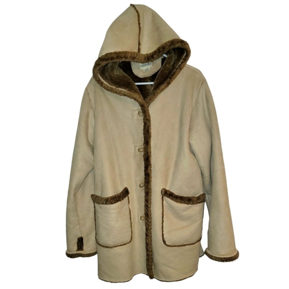 St. John's Bay size large tan heavy suede winter coat with button closure & hood